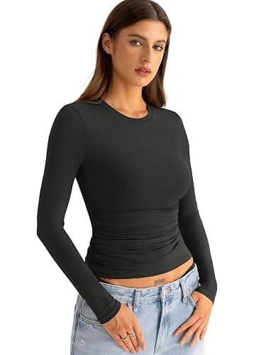 EasyGala Womens Double Lined Long Sleeve Shirts Crewneck Ruched Top Tight Fitted Basic Tee Fall Going Out Outfits 2026 thumbnail 4