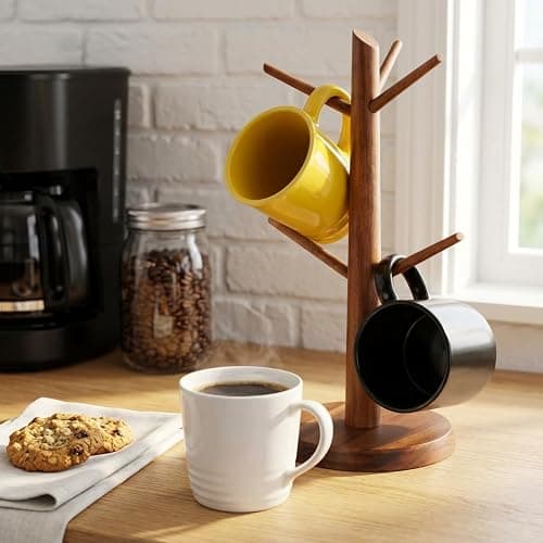 E-ROOM TREND Acacia Wood Mug Holder Tree, 6 Hooks Wooden Mug Organizer for Kitchen Counter & Coffee Bar, Easy to Assemble, Natural Wood Color, Ideal for Small to Medium Mugs thumbnail 2