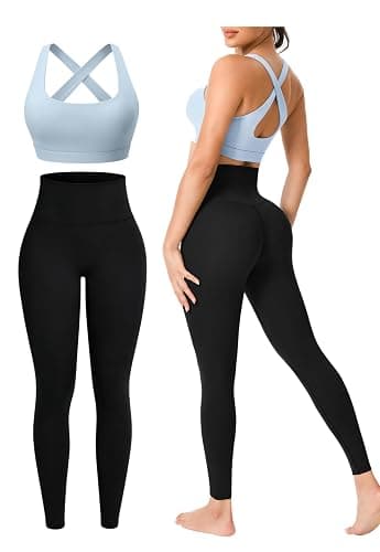 Workout Sets for Women 2 Piece Seamless High-Waisted Leggings & Cross Back Padded Sports Bra for Yoga Pilates - Image 1