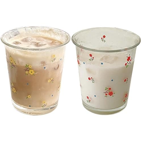 yaocoral Set of 2 12 OZ French Drinking Glasses Floral Glass Coffee Cup Flower Tea Cup Cute Glass Cups for Iced Tea,Juice,Coffee,Milk,Dessert,Stackable Glassware Drinkware Set(red yellow) - red yellow - Image 1