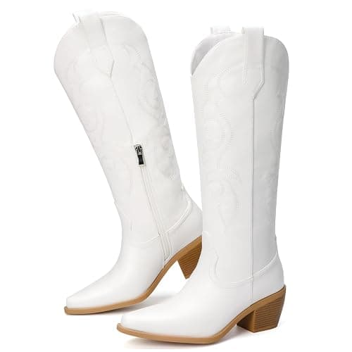 Platikly White Cowboy Boots for Women - Wide Calf Rhinestone Cowgirl Boots, Women Knee High Western Boots, Glitter Sparkly Ladies Tall Boots with Classic Embroidery and Side Zipper, Retro Classic Country Boots Pull On for Ladies thumbnail 5
