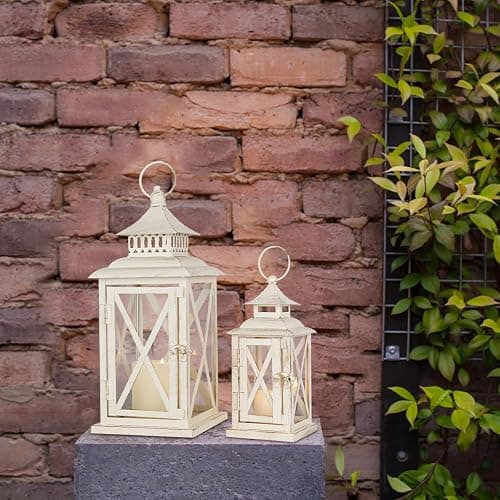 Lanterns Decorative Outdoor&Indoor, Set of 2 (14"&10") Beige Metal Lantern Decor with Glass, Candle Holder for Porch, Patio, Garden, Balcony, Wedding, Table Centerpiece thumbnail 9