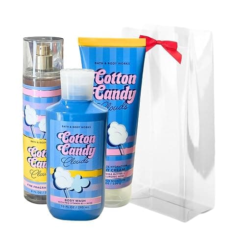 Bath & Body Works COTTON CANDY CLOUDS Fine Fragrance Mist, Ultimate Hydration Body Cream & Body Wash 3pc Gift Set with a Red Bow for Holidays – Full Size - Image 1
