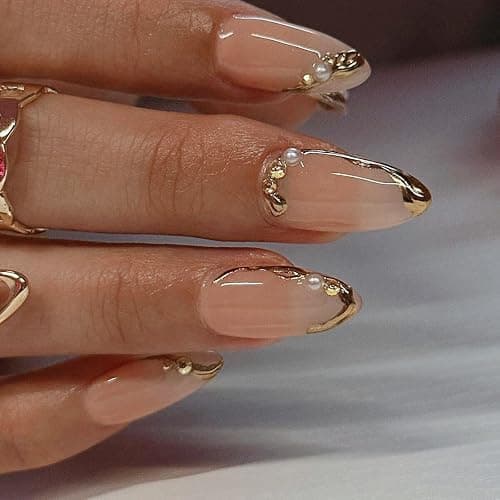 Press on Nails Almond Fake Nails French Tip False Nails with Gold Line Design Glue on Nails Press ons Medium Acrylic Nails Glossy Full Cover Stick on Nails for Women Manicure 24Pcs thumbnail 3