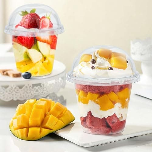 Clawsoff 50 Pack 9 oz Plastic Cups with Dome Lids, Disposable Dessert Cup No Hole, Fruit Cup, Clear Parfait Cups for Cake, Cold Drink, Ice Cream, Salad thumbnail 2