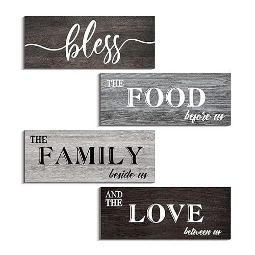 Creoate 4 Pieces Bless Food Family Love Signs for Kitchen Wall Decor Plaque, Home Farmhouse Rustic Decor, Wood Wall Hanging Decorations for Dining Room Kitchen, Christmas Gift for Home, Small (4 x 10 Inches) - Image 1