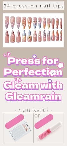 Gleamrain Long Press on Nails Almond with Flower and French Tips Designs Summer Fake Nail for Women 24pcs thumbnail 5