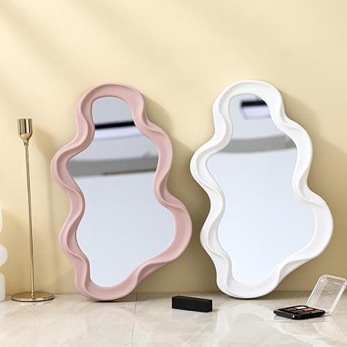 Mokoze Asymmetrical Wall-Mounted Mirror, Creative Unique Decorative Mirrors, Funky Wavy Mirror 16.14"x9.84" Irregular Border Pink Mirror for Bathroom Living Room Decoration thumbnail 2