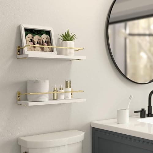 RICHER HOUSE Bathroom Shelves, Small Floating Wall Shelf for Bathroom Decor, Wall Mounted Wood Shelves, Bathroom Organizer Over Toilet Storage, Guard-Rail Kitchen Shelves Set of 2 - White Gold thumbnail 3