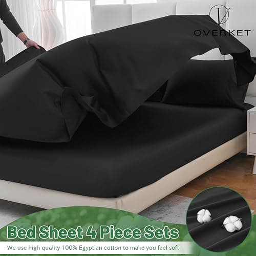 Overket 1000 Thread Count Egyptian Cotton Sheets Queen Size Set 4PCS Sateen Weave Soft Breathable 16-Inch Deep Pocket（Queen,Black） thumbnail 3