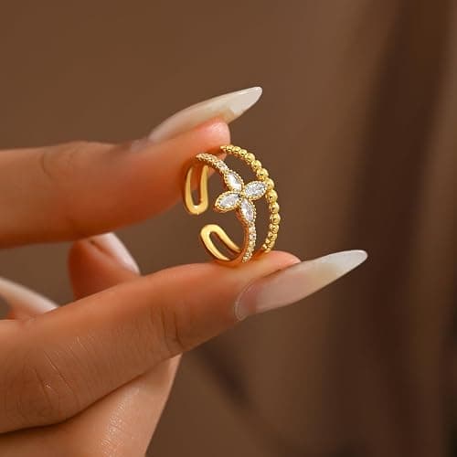 Jewigo Open Stackable Rings for Women 18K Gold Plated Dainty Cubic Zirconia Wave Cuban Link Chain Flower Feather Hollow Out Adjustable Stacking Rings Wedding Jewelry Gifts thumbnail 3