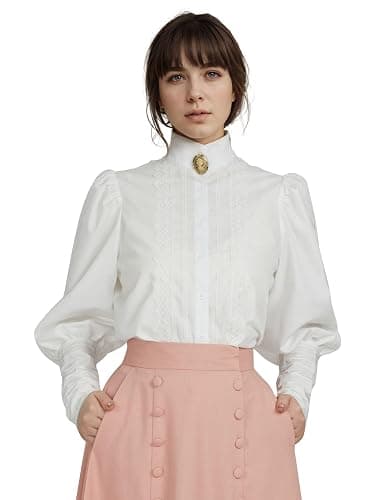 daizbella Victorian Blouse Women Puff Sleeve Blouse Button Down Ruffle Dressy Shirts Tops - Image 1