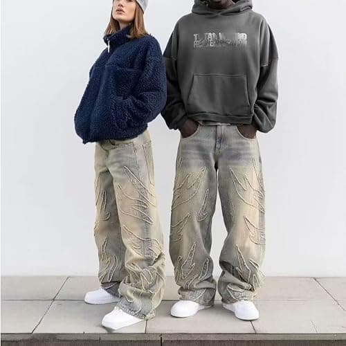 FEUSEUZ Y2K Men's Street Retro Hip-hop Flame Splicing Wide Leg Gothic Loose Jeans thumbnail 5