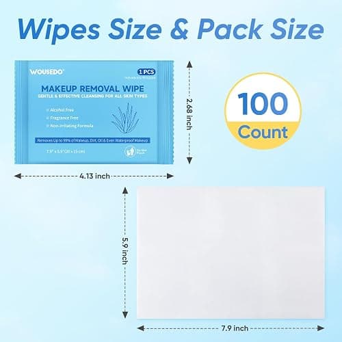 WOUSEDO 100 Count Makeup Remover Wipes, Bulk Gentle Cleansing Facial Towelettes, Individually Wrapped Travel Size,Alcohol-Free & Hypoallergenic for All Skin Types thumbnail 7