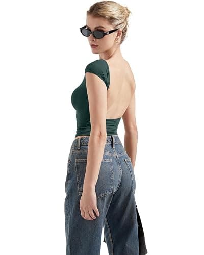 SUUKSESS Women Backless Sexy Going Out Tops Double Lined Open Back Y2k Basic Tee Shirts thumbnail 2