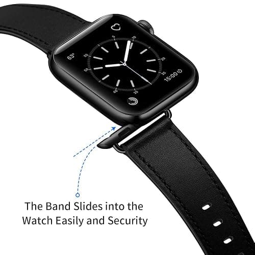 OUHENG Leather Bands Compatible with Apple Watch Band 49mm/46mm/45mm/44mm/42mm, Genuine Leather Strap Compatible with iWatch Ultra 3/2/1 & Series 11/10/9/8/7/6/5/4/3/2/1 & SE3 SE2 SE, Black/Black thumbnail 4