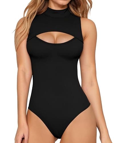MANGOPOP Women's Mock Neck Cutout Front Bodysuit Long Sleeve Sleeveless Turtle Neck Body Suits Sexy Tops - Image 1