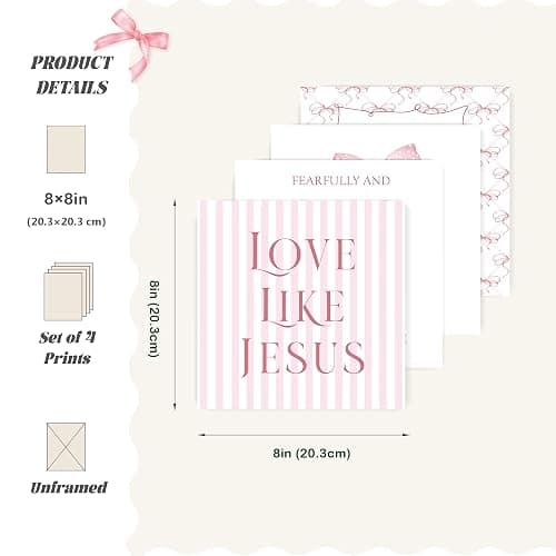 LARTSFRO Coquette Pink Bow Jesus Wall Art Decor Posters, Light Pink Bow Christian Room Bathroom Bedroom Dorm Wall Art Decor Aesthetic for College Teen Girls Gifts, Inspirational Bible Verses Bow Wall Decor, 8x8 Inch Set of 4 Bow Pictures(UNFRAMED) thumbnail 2