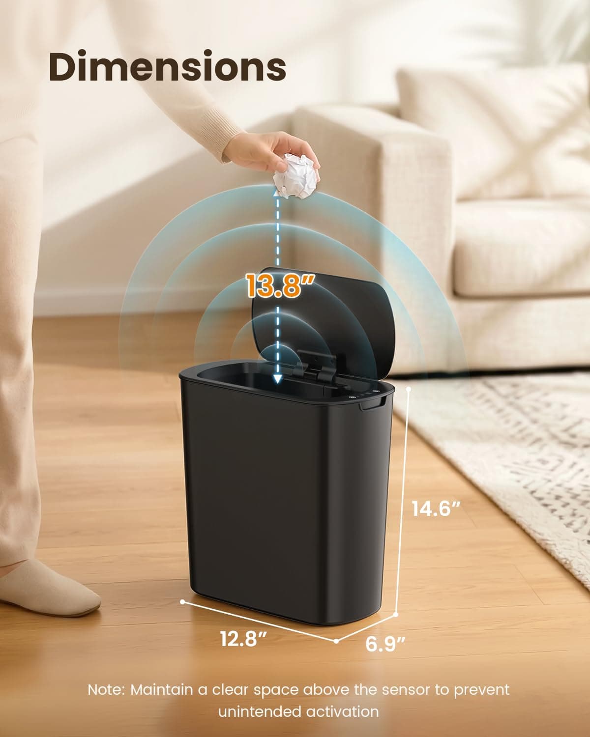 Cesun 5 Gallon Automatic Bathroom Trash Can, Touchless Motion Sensor Garbage Can with Lid, Smart Plastic Slim Wastebasket for Bathroom, Office, rv, Bedroom, Living Room, Black thumbnail 8