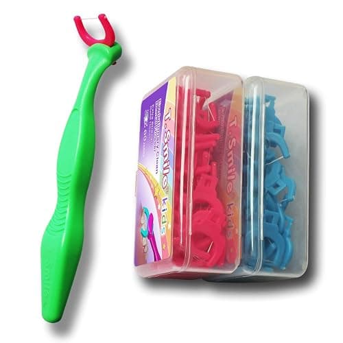 T.Smile Kids Evolutionary Clean Dental Flosser Kit, Child-Sized Handle & Refills, Fluoride Free, for Ages 3+, (Green Handle + 120 Refills) - Image 1