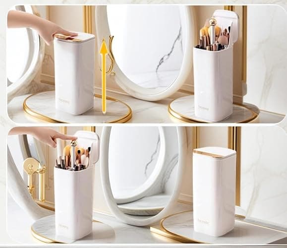 Hympuae Portable One-Touch Makeup Brush Holder Organizer With Lid, 4-Compartment Open Design, Waterproof & Dustproof Cosmetic Storage Box for Vanity Bathroom Countertop (White/Black Gold) (White) - White thumbnail 4