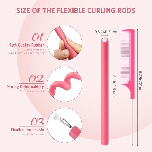 Syhood 30 Pieces Flexible Curling Rods Twist Hair Rollers Soft Foam Rods No Heat and 1 Pcs Steel Rat Tail Comb for Women Long and Short Hair(7 x 0.3 Inch,Pink) thumbnail 2