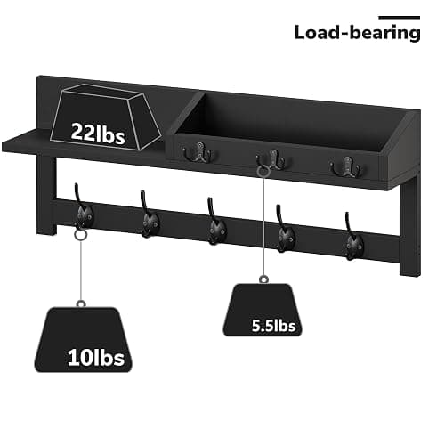 AMBIRD Wall Hooks with Shelf - 26.57" Entryway Wall Hanging Shelf Wood Coat Hooks and Key Holder (Black) thumbnail 6