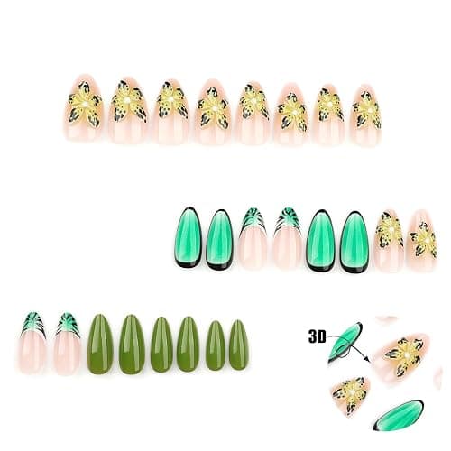 QQPPOLIU Press on Nails Almond Shape Fake Nails with Flower Design Full Cover Nails Medium Length Fall Nails for Holiday Gift thumbnail 3