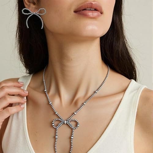 TianRan Navajo Pearl Necklace Western Jewelry for Women Cowgirl Navajo Pearls Bow Necklace Earrings Set thumbnail 6