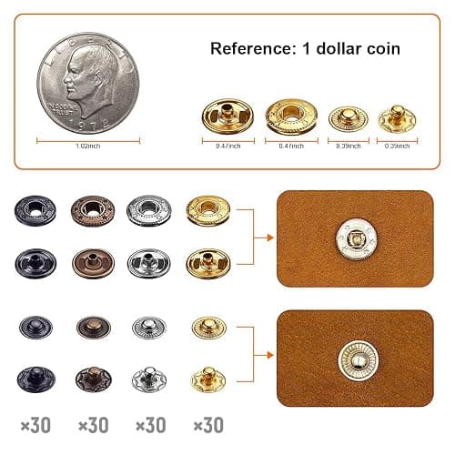 Qfun 120 Set Snap Fasteners Kit for Leather 12mm Metal Button Snaps Press Studs with 4 Setter Tools, 1 Hammer, 4 Color Leather Snaps for Clothes, Jackets, Jeans Wears, Bracelets, Bags thumbnail 2