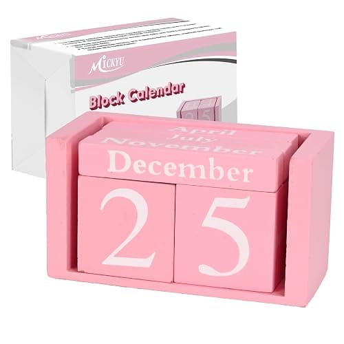 MICKYU Perpetual Wooden Desk Calendar - Pink Farmhouse Decor Block Calendar for Office, Home & Gifts - Reusable Daily Date Display - Image 1