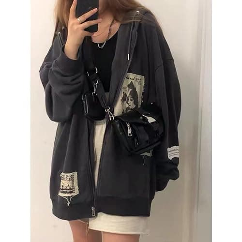 Alt Emo Clothes Women Oversized Zip Up Hoodies Rhinestone Y2k Aesthetic Skeleton Sweatshirts Grunge Gothic Jacket Streetwear thumbnail 5