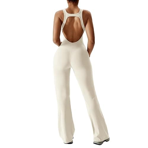 OEAK Womens Flare Jumpsuit with Bra Tummy Control Cutout Romper Workout Outfit Sleeveless Unitard One Piece Backless Bodysuit thumbnail 6
