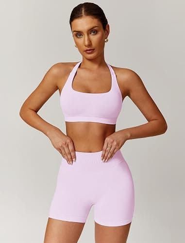 ABOCIW Workout Sets for Women 2 Piece seamless Halter Sports Bra Scrunch Butt Impact Shorts Gym Yoga Outfits thumbnail 2