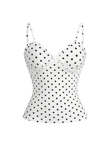 Verdusa Women's Polka Dots Bow Lace Cami Top Sleeveless V Neck Fitted Camisole Y2k Going Out Tops - Image 1