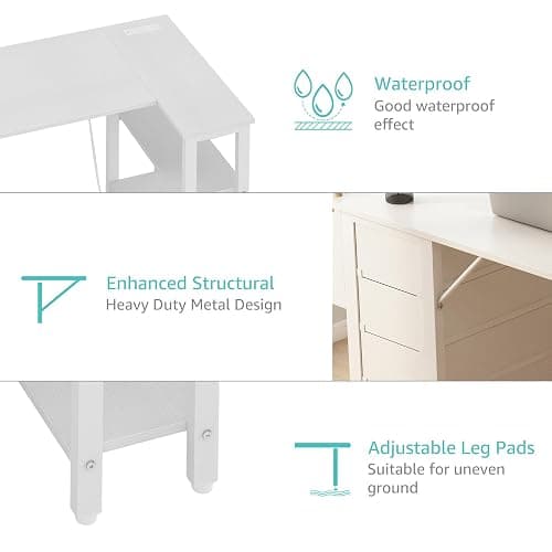 Lufeiya White L Shaped Computer Desk with Drawers & Storage Shelves, 47 Inch Corner Reversible Desk with Power Outlet for Home Office Bedroom, L-Shaped Teen PC Desks with Fabric Drawer, White thumbnail 9
