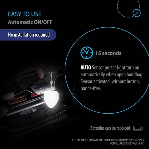 Deke Home - Heart Shaped Purse Light, Motion Sensor LED Handbag Lamp, Auto On Off Mini Travel Accessory for Backpack, Shoulder Bag, Crossbody, Tote, Night Use, Perfect for Concerts & Events thumbnail 8