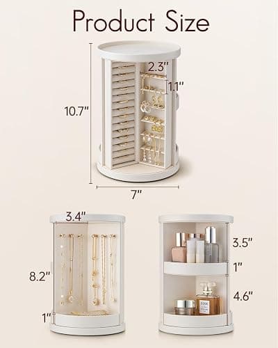 Vlando 360°Rotating Jewelry Box,Earring Organizer Large Vertical Jewelry Organizer with 6 Necklace Hooks, Open Ring Display Storage for Women - Cream White thumbnail 2