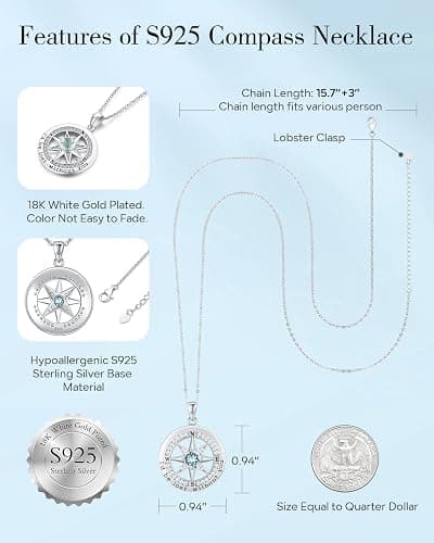 S925 Necklace Gift for Wife |Compass Jewelry |Women Anniversary |Sterling Silver |Girlfriend Birthday Gifts for Her Valentines |I'd be Lost without You |Jewel 18K Gold thumbnail 4