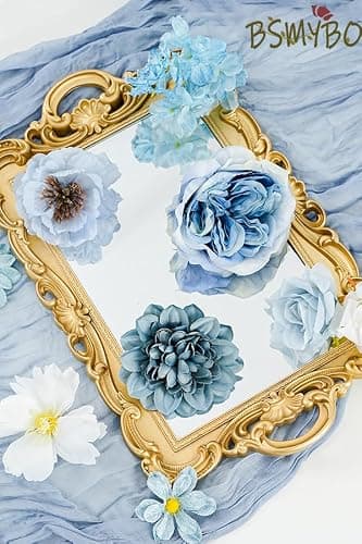 Artificial Blue Flowers Combo Box Set Baby Blue Rose Flowers Bulk Mix Dusty Blue Dahila Peonies Fake Silk Light Blue Flower Bouquets for Wedding Bridal Shower Table Centerpieces Home Party Decor thumbnail 6