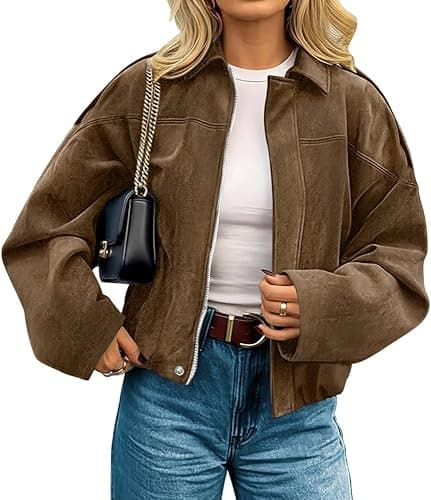 kipfall Womens Faux Suede Jackets Fall Fashion Outfits Coat Winter Clothes Open Front Cropped Jacket - Image 1