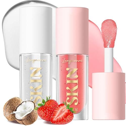 BANGFENG 2Pack Non-sticky Lip Oil, Moisturizing Glossy/Shiny Lip Gloss Oil PlumpingTint, Hydrating Lip Gloss Lip Balm, Long Lasting Nourishing Fruit Flavoure Lip Oils(Strawberry + Coconut) - Image 1