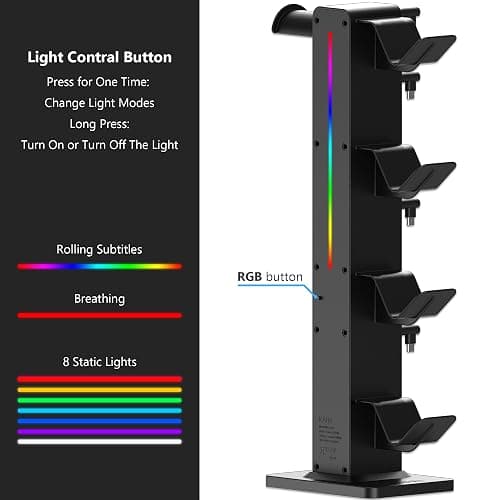 KAFRI RGB Gaming Headphone Stand with Controller Holder, Desk Organizer with Retractable Charger Cable, 2 AC Outlets & 4 Type-C Charging Ports, PC Gaming Accessories for Headset & Controller (Black) thumbnail 5