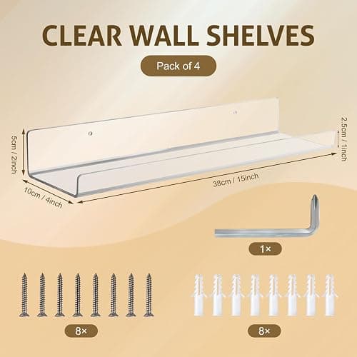 Estantes flotantes transparentes montados en la pared, juego de 4, estantes acrílicos de 38 cm para almacenamiento en la pared, estantería para niños, estantes colgantes de acrílico para dormitorio thumbnail 3