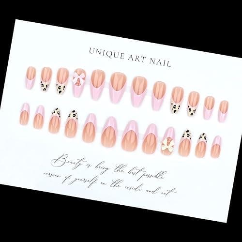 24Pcs Pink French Tip Press on Nails Medium Almond QUNQINLI Valentines Fake Nails Press ons Nail Tip Kit 3D Bow False Nails Leopard French Acrylic Glue on Nails Nude Stick on Nail for Women thumbnail 4