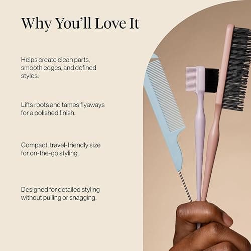 Kitsch Slick Back Hair Brush – Hair Styling Combs Kit with Pintail Comb, Edge Brush & Teasing Tool, Comb Set for Precision Parts, Smooth Edges, Volume & Slick Back Brush for Styling thumbnail 5