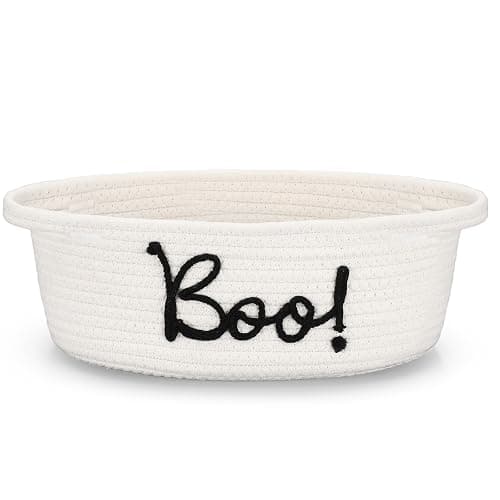 Reallnaive Halloween Boo Woven Basket Cute Storage Spooky Basket with Handle Boo Woven Trick or Treat Gift Organizer for Halloween Party Favors and Decorations Women Men(White,12 x 8 Inch) - Image 1