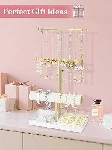 Jenseits 3-Tier Jewelry Holder Organizer:17.1" Adjustable Hanger, Velvet Ring Tray, Metal Aesthetic Display Stand for Necklaces, Earrings, Bracelets, Watches, Gold Jewelry Storage Tower Tree for Women thumbnail 6