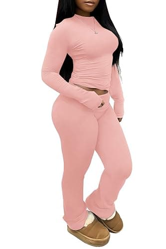 CLOCOR Womens 2 Piece Outfits Long Sleeve Flare Pants Matching Sets High Waist Fall Travel Outfits for Women - Image 1