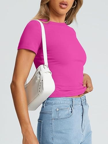 Trendy Queen Womens Basic T Shirts Summer Tops 2025 Crop Short Sleeve Slim Fit Tee Cute Gym Workout Clothes - Medium - Hotpink thumbnail 3